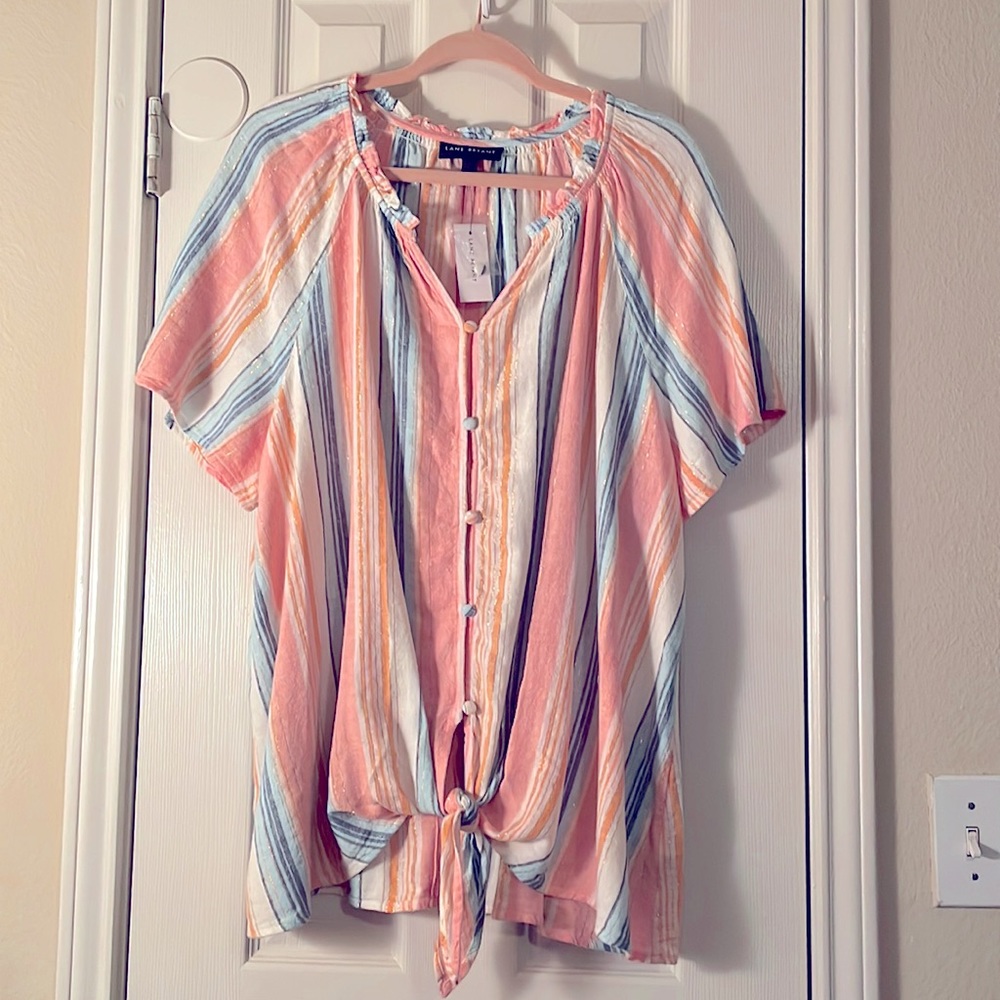 Lane Bryant Peach Multi-Stripe Tie-Front Blouse